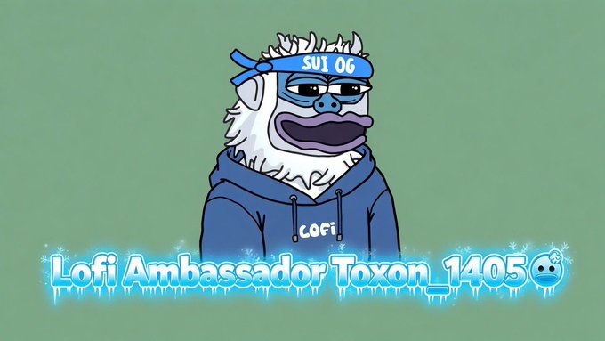 A cartoon illustration of a white gorilla-like character wearing a blue headband labeled "SUI OG" and a blue hoodie labeled "LOFI", with text below reading "Lofi Ambassador Toxan_1405".