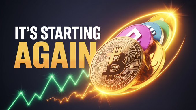 A crypto-themed thumbnail displays "IT'S STARTING AGAIN" in bold yellow text alongside stylized 3D renderings of Bitcoin, Ethereum, and XRP coins trailing a glowing upward line graph, visually promoting the video's claim that these major cryptocurrencies are surging in significance for investors.