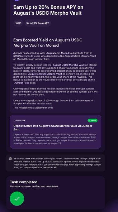 A Jumper Earn mission page advertises 'Earn Up to 20% Bonus APY on August's USDC Morpho Vault,' offering a $18K MON reward for depositing at least $100 into the August USDC Morpho Vault on Monad through Jumper Earn, marked as task completed.