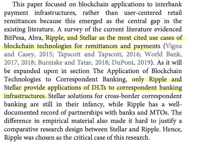 The image shows a passage of academic text discussing blockchain applications to interbank payment infrastructure, highlighting Ripple and Stellar (XRP and XLM) as the only blockchain technologies that provide applications of distributed ledger technologies (DLTs) to correspondent banking infrastructures. The passage notes that while Stellar solutions remain nascent, Ripple has a well-documented record of partnerships with banks and money transfer operators (MTOs), making it the critical case study chosen for the research. This supports the post's caption by emphasizing that XRP and XLM are uniquely positioned as the "special blockchains" serving the correspondent banking sector, distinguishing them from other blockchain remittance platforms like BitPesa and Abra.