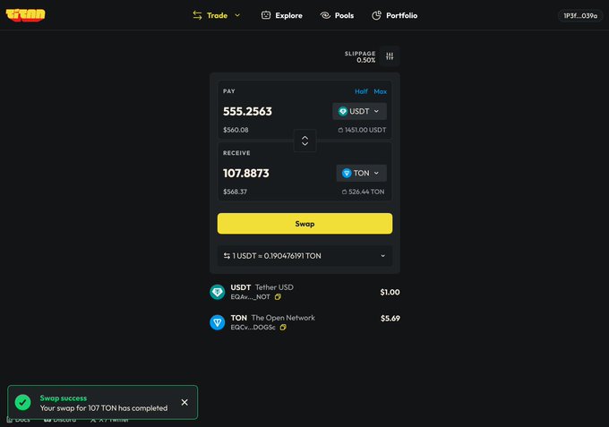 A cryptocurrency swap interface showing an exchange of 555.2563 USDT for 107.8873 TON with a success notification: 'Your swap for 107 TON has completed.'