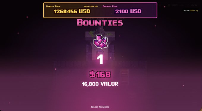 A pixel-art style video game screen displays a 'BOUNTIES' menu with a Weekly Pool of 1268456 USD and a Bounty Pool of 2100 USD, highlighting a Level 1 bounty worth $158 and 16,800 VALOR.