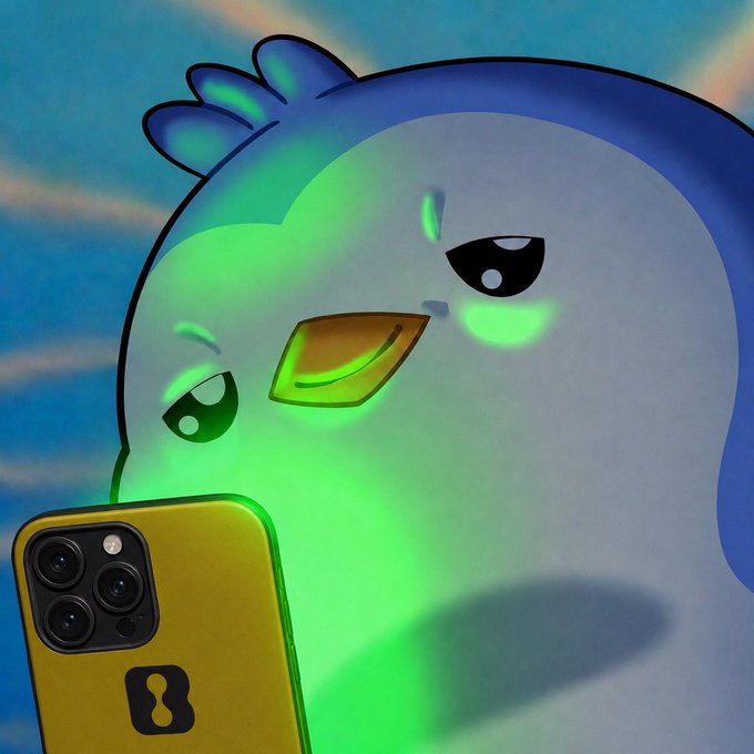 A stylized cartoon penguin with a glowing green and blue body holds a yellow phone in front of a bright sky, matching the cheerful "Pengu Morning" theme by depicting a sleepy, screen-lit penguin starting its day.