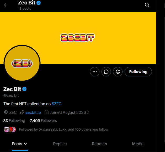 The image shows the Twitter/X profile page for "Zec Bit" (@zec_bit), displaying their banner and profile picture featuring a pixelated "ZECBIT" logo on a yellow background. The bio reads "The first NFT collection on $ZEC" with 33 Following and 7,405 Followers, joining August 2026, and references their website zecbit.io—matching the post promoting their NFT collection and task-based whitelist campaign.
