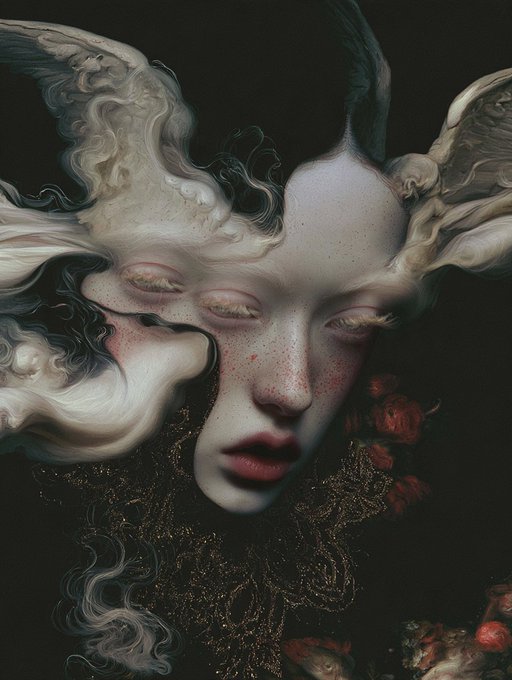A dark, surreal digital artwork featuring an ethereal pale figure with closed eyes, horns, and flowing hair intertwined with roses and ornate dark textures.
