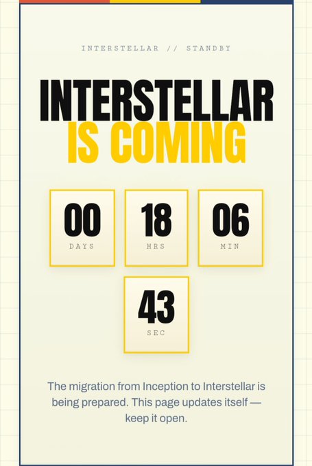 The image is a countdown timer titled "INTERSTELLAR IS COMING," showing 00 days, 18 hours, 06 minutes, and 43 seconds remaining, with a message below stating "The migration from Inception to Interstellar is being prepared. This page updates itself — keep it open." This ties into the post announcing the upcoming launch of the $DACT Airdrop Mainnet Portal and Allocation Checker at interstellar.dachain.io.