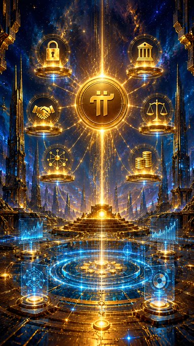 A radiant golden Pi Network emblem anchors this cosmic digital artwork, surrounded by orbiting icons representing security (padlock), governance (handshake), justice (scales), atomic networks, and stacked coins, symbolizing the transition from simple transfers to decentralized finance (DEX/AMM) under Protocol 27. The glowing futuristic city with holographic data visualizations reinforces the image's message of an advanced, interconnected blockchain financial ecosystem opening to on-chain finance.