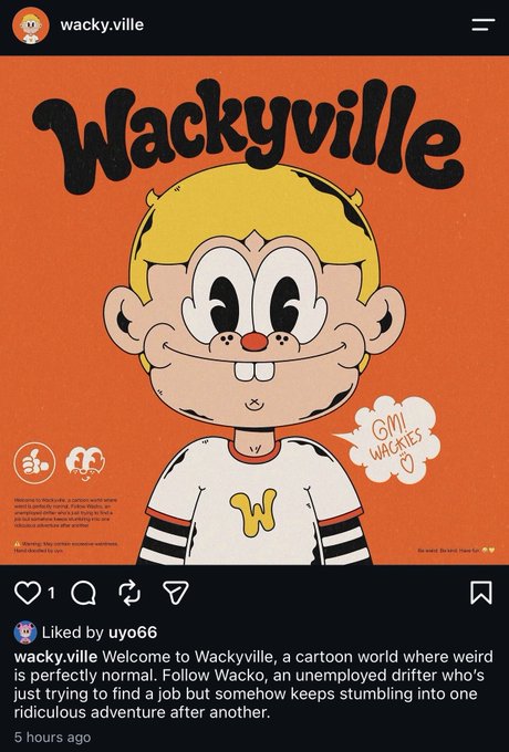 An Instagram post from 'wacky.ville' featuring cartoon character Wacko on an orange background with '6M WACKIES' speech bubble, captioned 'Welcome to Wackyville, a cartoon world where weird is perfectly normal.'