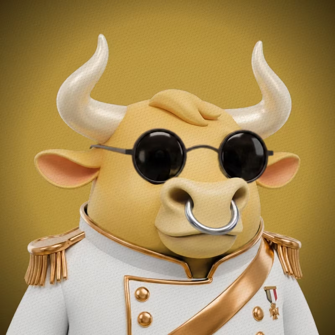A 3D-rendered anthropomorphic bull character wearing round black sunglasses, a nose ring, and a white military-style uniform with gold epaulets and a medal.
