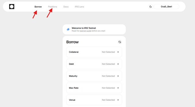 The image shows the app.iris.credit/borrow interface on the IRIS Testnet, with red arrows highlighting the "Borrow" and "Positions" tabs in the navigation menu. The Borrow page displays unselected options for Collateral, Debt, Maturity, Max Rate, and Venue fields, indicating users need to configure these parameters to set up a borrow position on the newly launched testnet.