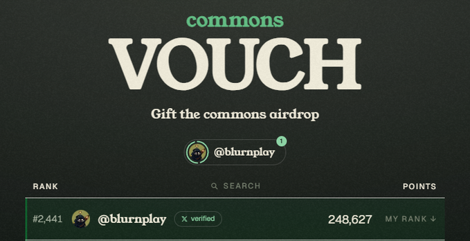 A screenshot of a 'commons VOUCH' page for '@bburnplay' with a verified badge, showing rank #2,441 and 248,627 points.