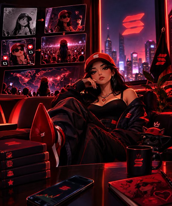 An anime-style digital illustration shows a woman in a red cap and black outfit lounging on a red couch surrounded by branded merchandise, with a cityscape and other portraits displayed in the background.