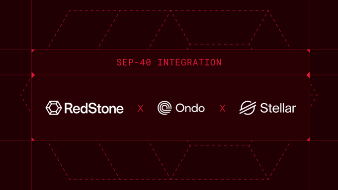 A dark red graphic announcing 'SEP-40 INTEGRATION' featuring the logos for RedStone, Ondo, and Stellar.