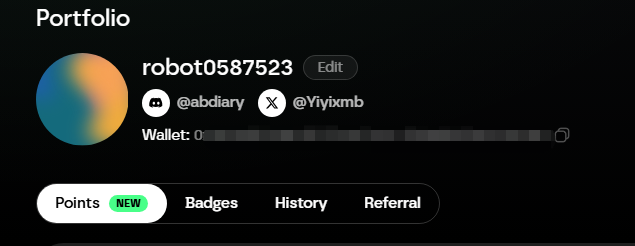 Portfolio profile page for user 'robot0587523' with connected accounts @abdiary and @Yiyixmb, showing a wallet balance of 0 and navigation tabs for Points, Badges, History, and Referral.