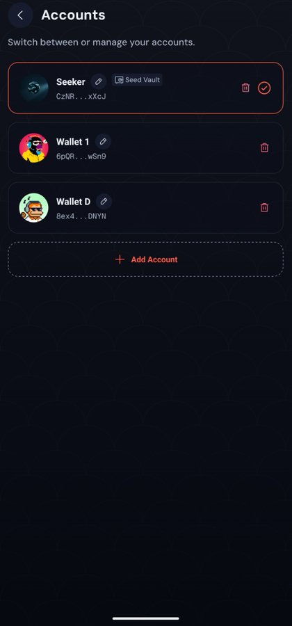 A mobile app 'Accounts' screen showing crypto wallet options including 'Seeker' (CzNR...xKEJ) with Seed Vault, 'Wallet 1' (6pQR...wSn9), 'Wallet D' (8ex4...DNVN), and an 'Add Account' button.