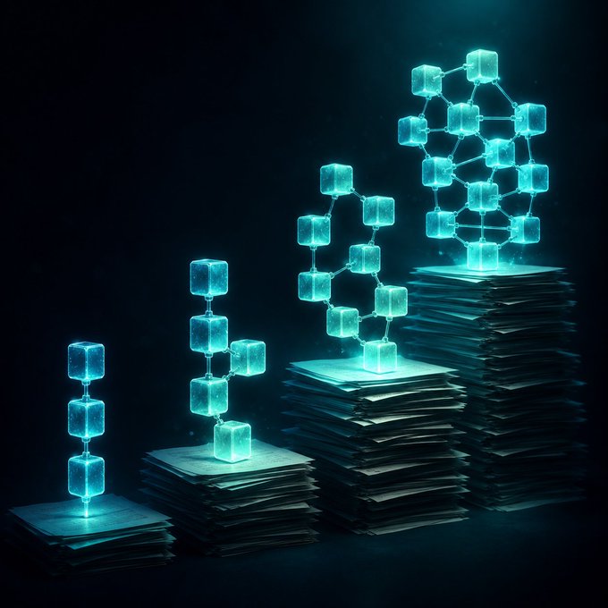 An abstract digital artwork featuring stacks of papers with glowing blue blockchain/cube structures rising from them in a dark teal-toned composition.