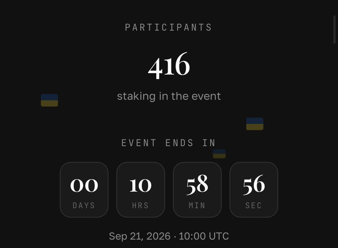 A countdown timer for a staking event showing 416 participants staking in the event, ending Sep 21, 2026 at 10:00 UTC with 00 days, 10 hours, 58 minutes, and 56 seconds remaining.