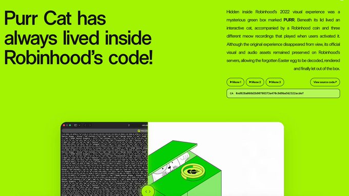 A bright green webpage reveals "Purr Cat has always lived inside Robinhood's code," describing an interactive cat named Purr hidden in Robinhood's 2022 visual experience, activated by three meow recordings, with three "P-Meow" buttons to decode it—perfect for the "deep RH lore" and "going to go purrabolic" caption.