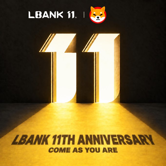 A promotional graphic for 'LBANK 11th ANNIVERSARY' featuring large golden 3D numbers '11' with the tagline 'COME AS YOU ARE' and the Shiba Inu logo.