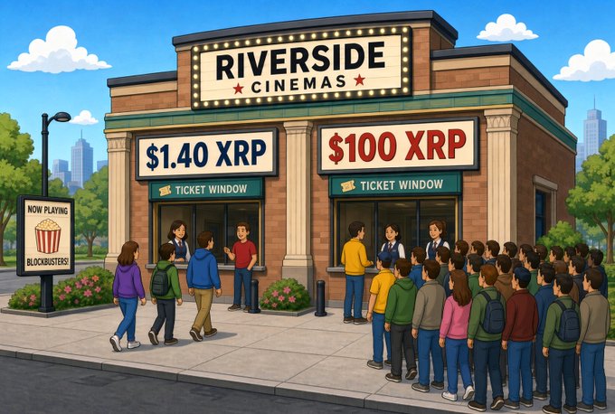 The cartoon shows "Riverside Cinemas" with two ticket windows displaying XRP prices of $1.40 and $100, where a massive crowd waits at the $100 window while only a few people stand at the $1.40 window — satirizing the crypto community's tendency to crowd around bold round-number price predictions while ignoring more modest, realistic targets. The "Reality" caption highlights the absurdity of expecting a 70x surge from XRP's current ~$1.40 price to $100, as if buying a movie ticket to that future value.