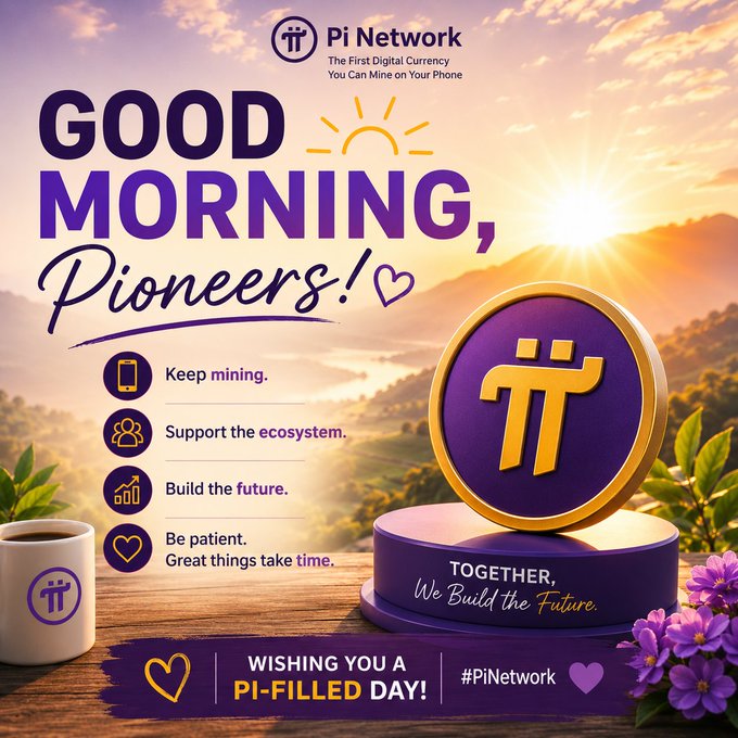 A promotional graphic for Pi Network reading 'GOOD MORNING, Pioneers!' with the Pi logo, encouraging users to 'Keep mining,' 'Support the ecosystem,' and 'Build the future,' ending with 'WISHING YOU A PI-FILLED DAY!' #PiNetwork.