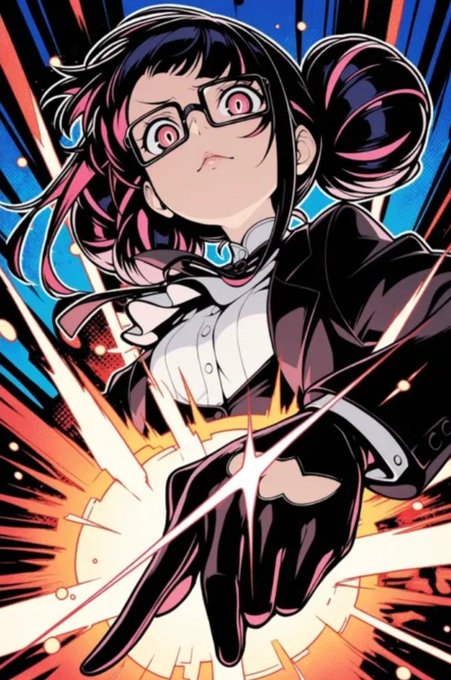 An anime-style illustration of a wide-eyed character with dark and pink twin-tail hair, glasses, and a black suit, surrounded by dynamic action effects.