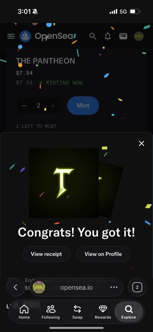 A mobile screenshot from OpenSea showing a successful NFT mint of 'THE PANTHEON' at $7.54, with a confirmation popup reading 'Congrats! You got it!' displaying a stylized 'T' letter design.