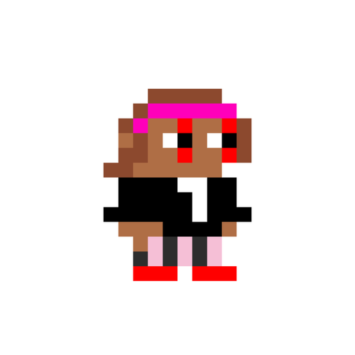 A small pixel-art character with brown skin, a pink headband, and a black outfit standing against a white background.