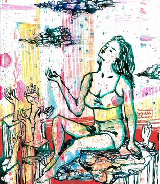 An expressionist painting featuring a stylized figure with raised arms surrounded by colorful drips, splatters, and abstract marks on a predominantly white background.