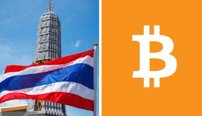 The Thai flag waves in front of a temple next to an orange panel displaying the Bitcoin (₿) logo.