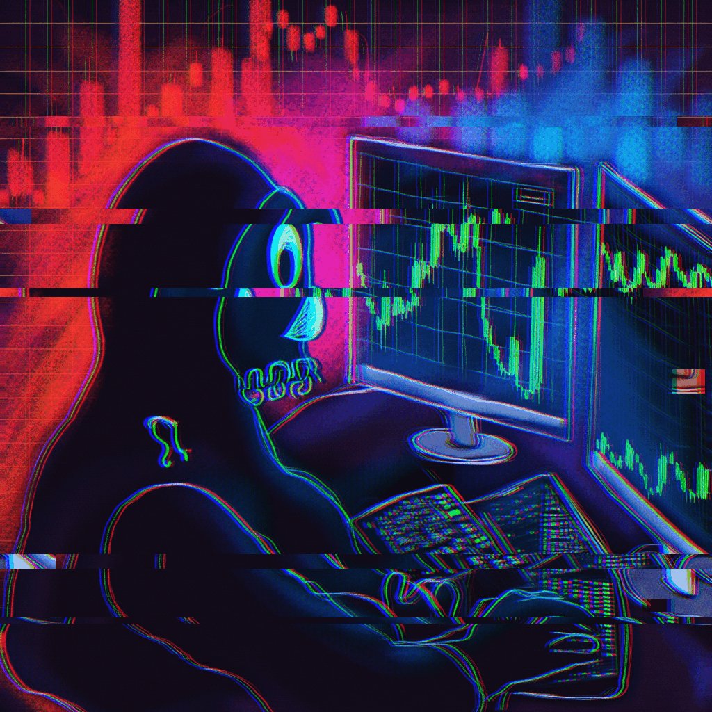 The image is an illustration of a person wearing a mask, sitting at their desk with computer equipment including a monitor (screen) displaying a graph or chart, likely a stock market graph that shows fluctuations over time. The background features neon colors, adding to the artistic and atmospheric nature of the scene. A post has been shared that discusses the connection between Bitcoin and the REKT network. The artist's name is mentioned as "$REkt Daily Art bybit joins western union s new usdpt network Listed for 0.02 ETH. Proceeds used to buy and burn REKT."
