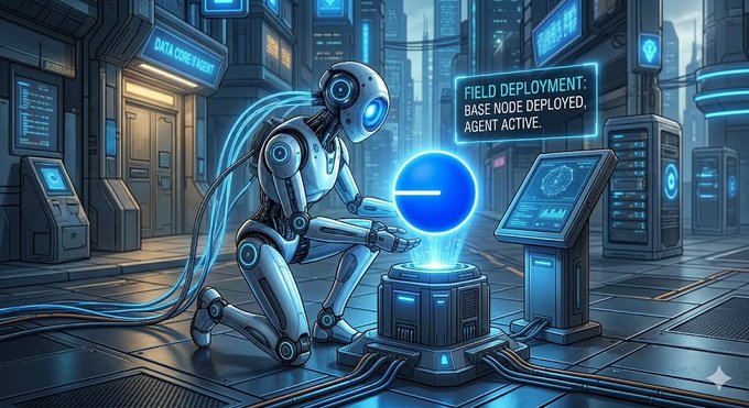 The image features a robot kneeling down, surrounded by various tech gadgets and devices. It appears that the robot is working on a project or fixing something related to smart contracts. The scene takes place in an urban environment with buildings visible in the background. There are also some text elements present in the image, such as "Field deployment" and "Field deployment was successful".