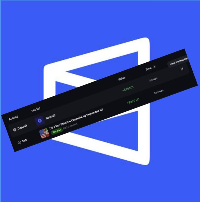 A blue graphic showing a stylized white 'M' logo with a transaction history overlay displaying deposit activity, including a $320.00 value marked 'Yes 644' from 33 minutes ago.