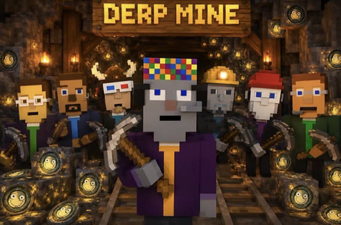 The image features a Minecraft-style banner titled "DERP MINE," depicting a group of blocky miner characters equipped with pickaxes standing in a gold-filled mine setting, visually tying into the post's announcement about making it easier to "dig for $DERP" tokens on Robinhood Crypto.