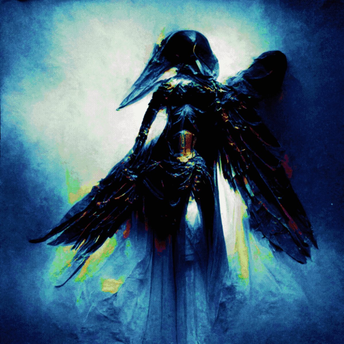 The image features a black bird with wings spread wide, standing against a blue background that appears to be a painting or digital artwork. The bird's wings are spread out, giving it an airy and majestic appearance. The text "gm! show me your tezos art!" is written in the corner of the image, indicating that the artist wants to share their work with others.

The post seems to be about showcasing different types of art or artwork, as indicated by the caption. It could be a social media post where people can appreciate and discuss various forms of artistic expression.