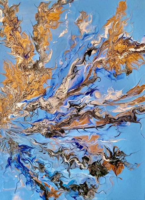 An abstract painting featuring swirling, marbled patterns of blue, orange, white, and black paint on a light blue canvas.