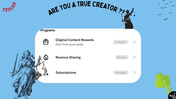 A screenshot titled 'ARE YOU A TRUE CREATOR??' showing programs like Original Content Rewards, Revenue Sharing, and Subscriptions marked as Ineligible or Paused.