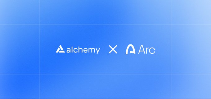 The image displays a partnership announcement between Alchemy and Arc, featuring both logos side-by-side with an "X" between them on a blue gradient background. This visual supports the post's announcement of Alchemy launching full platform support—including RPC, WebSockets, Data APIs, and gasless transaction infrastructure—for Arc's mainnet launch.