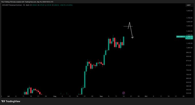 A TradingView chart of the ZECUSDT Perpetual Contract shows a strong rally on the daily timeframe with the pair last trading at 1,373.01 (+166.70, +14.36%), highlighted by a hand-drawn arrow projecting an "up then down" move—matching the post's prediction of a rally followed by a pullback.