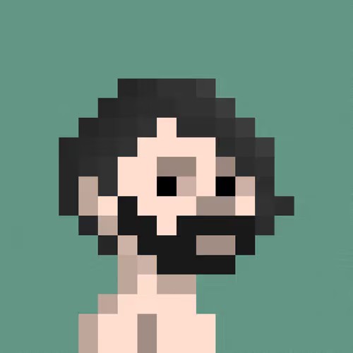 A pixel art style portrait of a person with long black hair and bare shoulders against a solid teal background.