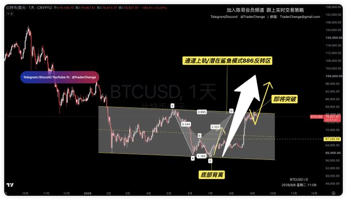 A daily BTCUSD chart displays a bullish bull flag pattern within a descending channel, marked with Chinese annotations including "底部背离" (bottom divergence) and "即将突破" (about to break out), highlighting a potential 886 harmonic shark reversal near $80,000–$85,000.
