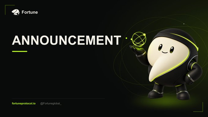 A sleek black graphic featuring the Fortune Protocol mascot—a hooded figure holding a glowing green orb—pairs with bold "ANNOUNCEMENT" text to promote the launch of the Fortune Prediction Market, directing viewers to fortuneprotocol.io and @FortuneGlobal_ for access to the upcoming Trading Airdrop campaign.