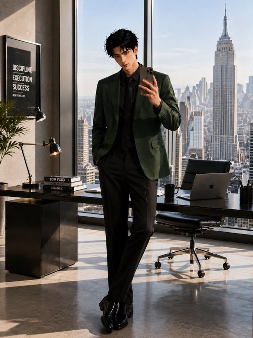 A stylish young man in a dark green blazer takes a mirror selfie in a high-rise office with a cityscape view; a motivational poster reads 'DISCIPLINE EXECUTION SUCCESS.'
