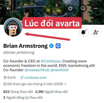 A Twitter/X profile page for Brian Armstrong (@brian.armstrong), Co-founder & CEO of Coinbase, with a red arrow pointing to his avatar that has been changed to a pixelated image, labeled 'Lúc đổi avarta'.