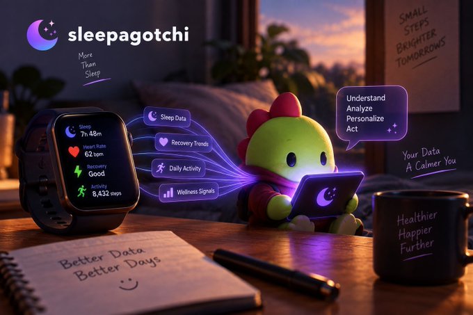 A promotional image for 'sleepagotchi' shows a smartwatch displaying sleep data alongside a small green dragon-like character holding a tablet, with text including 'More Than Sleep', 'Small Steps Brighter Tomorrows', 'Your Data A Calmer You', 'Better Data Better Days', and 'Healthier Happier Further'.