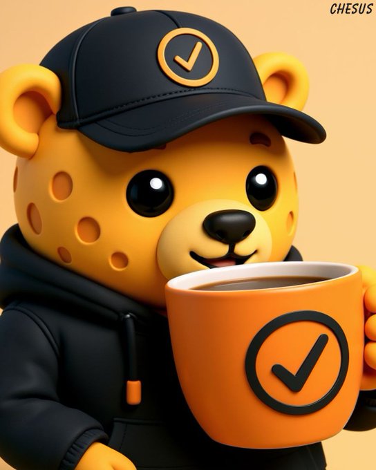 A cheerful 3D-rendered cartoon cheetah wearing a black cap with a checkmark logo holds an orange coffee mug featuring the same checkmark emblem, set against a warm peach background with "CHESUS" text in the upper right corner — a playful mascot that pairs well with the "GM Web3 Happy Saturday!" greeting, signaling a friendly "Good Morning" to the crypto community.