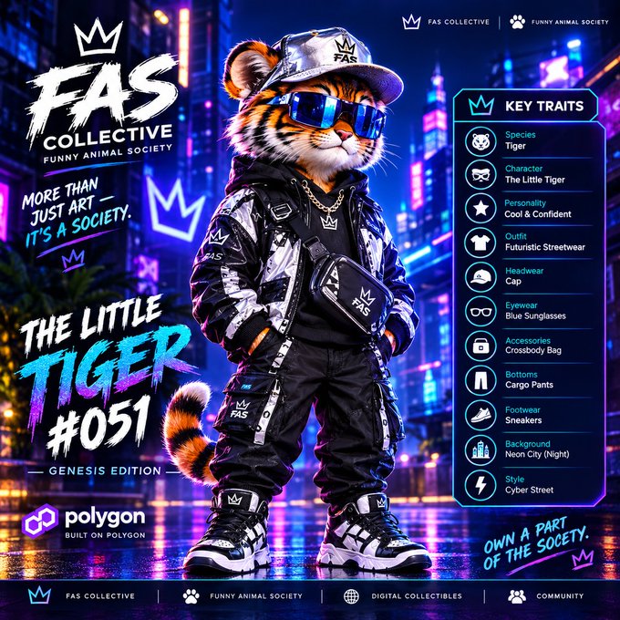 A promotional graphic for 'FAS COLLECTIVE - FUNNY ANIMAL SOCIETY' NFT, showcasing an anthropomorphic tiger character in streetwear with a neon city backdrop, titled 'THE LITTLE TIGER #051 GENESIS EDITION'.