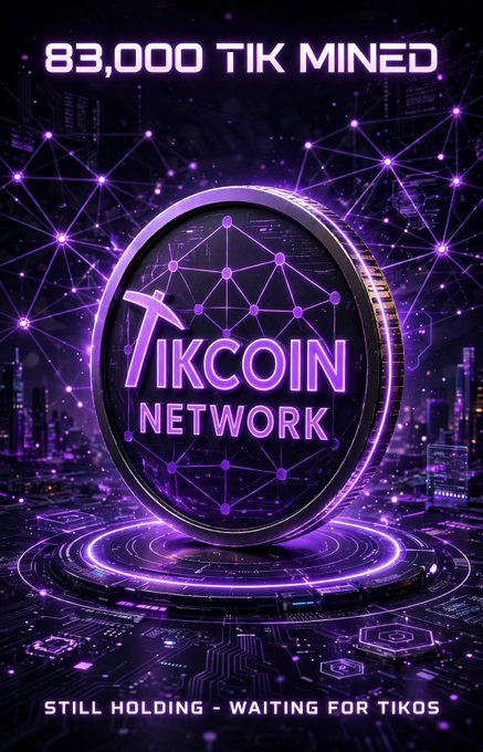 A purple-themed promotional graphic for 'TIKCOIN NETWORK' with text reading '83,000 TIK MINED' at the top and 'STILL HOLDING - WAITING FOR TIKOS' at the bottom.