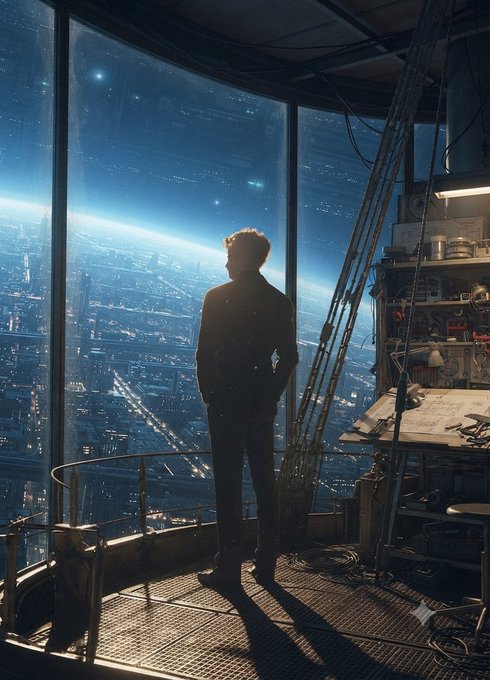A silhouette of a person in a suit stands by a large curved window looking out at a futuristic city and starry sky, with a detailed mechanical control panel nearby.