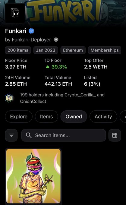 An NFT collection page for 'Funkari' by Funkari-Deployer shows 200 items, with a floor price of 3.97 ETH and total volume of 442.13 ETH.